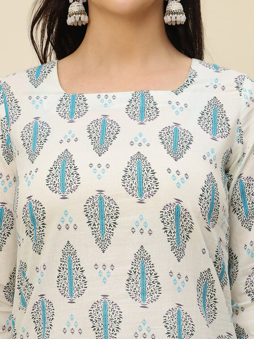 Ivory Blue Ethnic Motifs Printed Lace-Up Back Pure Cotton Short Kurti