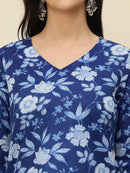 Navy Blue Floral Printed V-Neck Pure Cotton Short Kurti