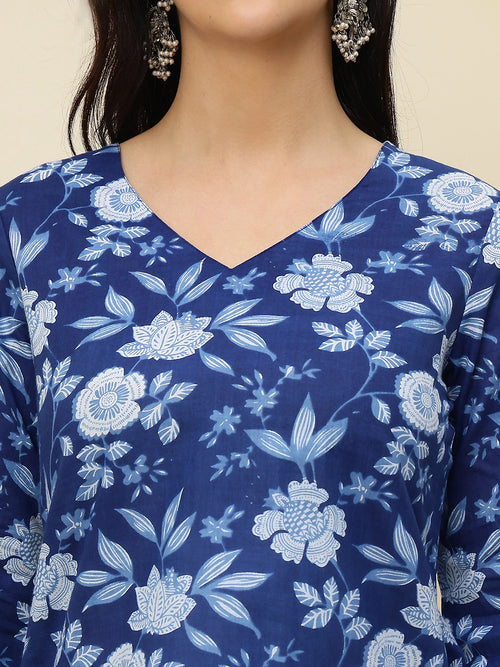Navy Blue Floral Printed V-Neck Pure Cotton Short Kurti