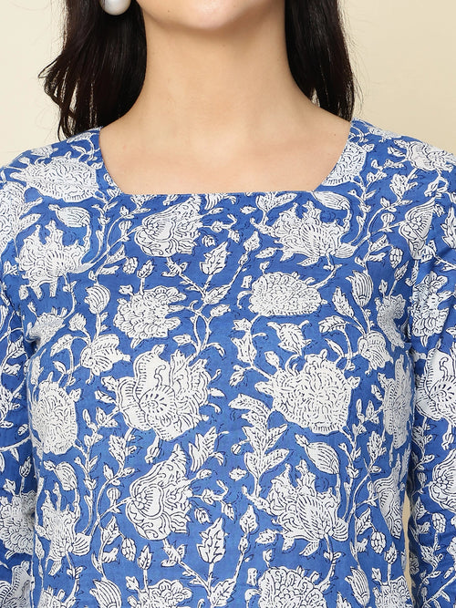 Cobalt Blue Floral Printed  A-Line Pure Cotton Short Kurti