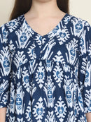Frempy Women Blue Ikat Motif Pure Cotton Tops