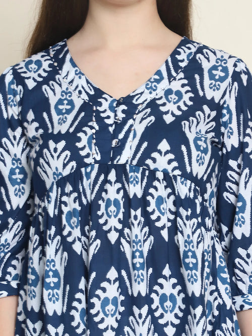 Frempy Women Blue Ikat Motif Pure Cotton Tops