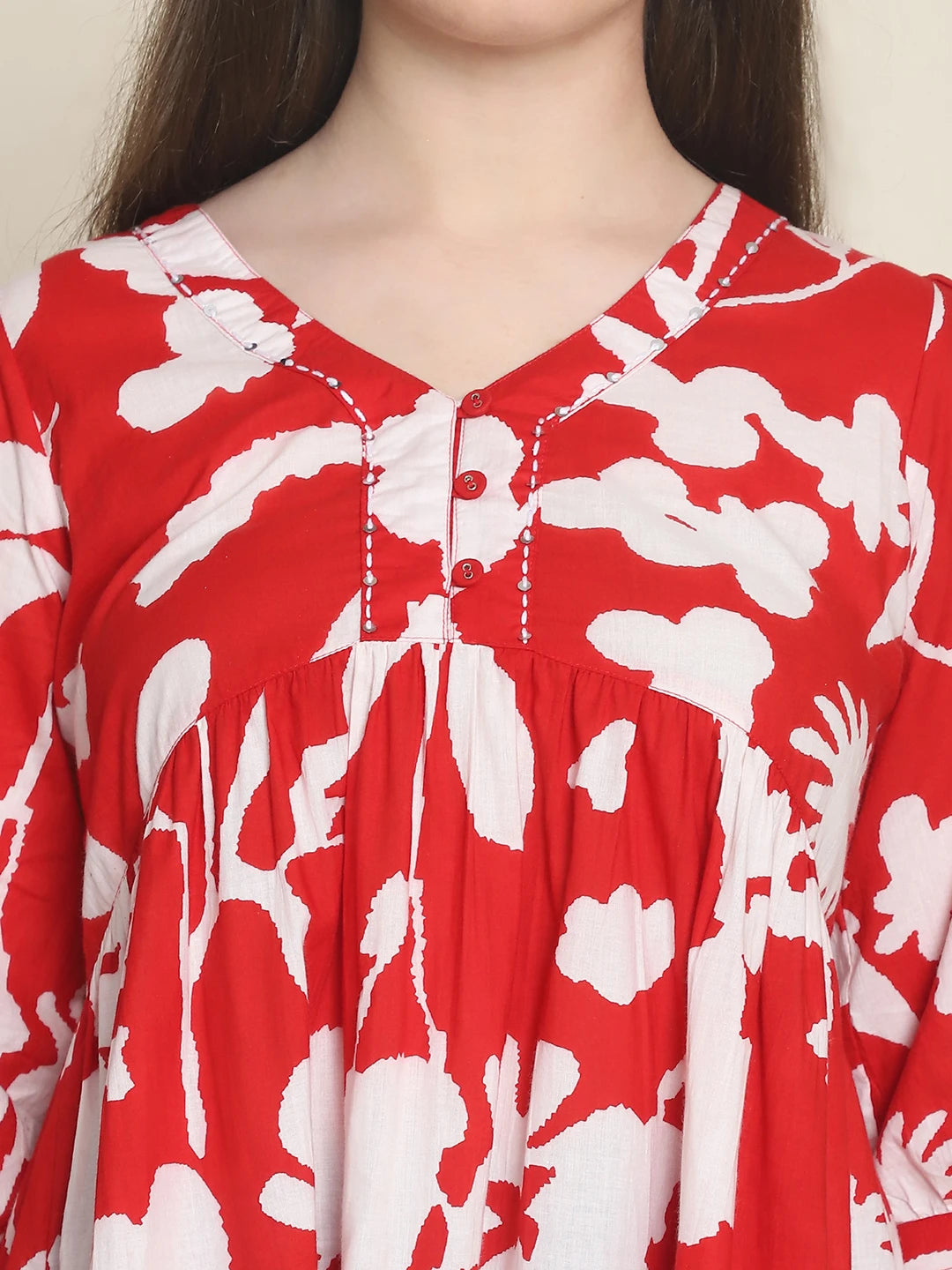 Frempy Women Red Abstract Printed Pure Cotton Top