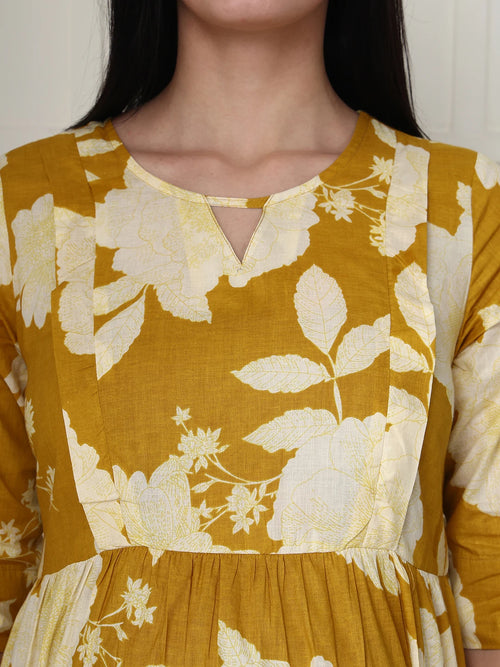 Frempy Women Yellow Floral Printed  Maternity Dress
