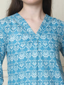 Frempy Women Aqua Blue Floral Printed Pure Cotton Top