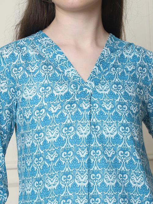 Frempy Women Aqua Blue Floral Printed Pure Cotton Top
