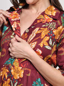 Frempy Women Fit and Flare Maroon Floral Printed Maxi/Full Length Dress