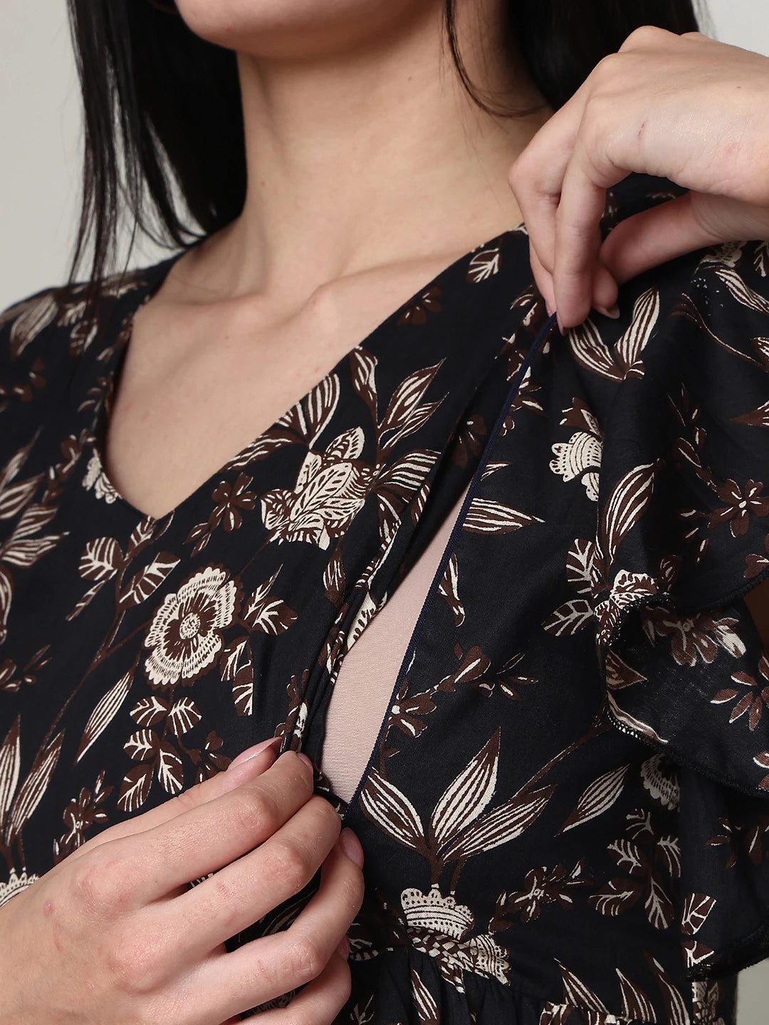 Frempy Women Fit and Flare Coffee Brown Floral Printed Midi Dress