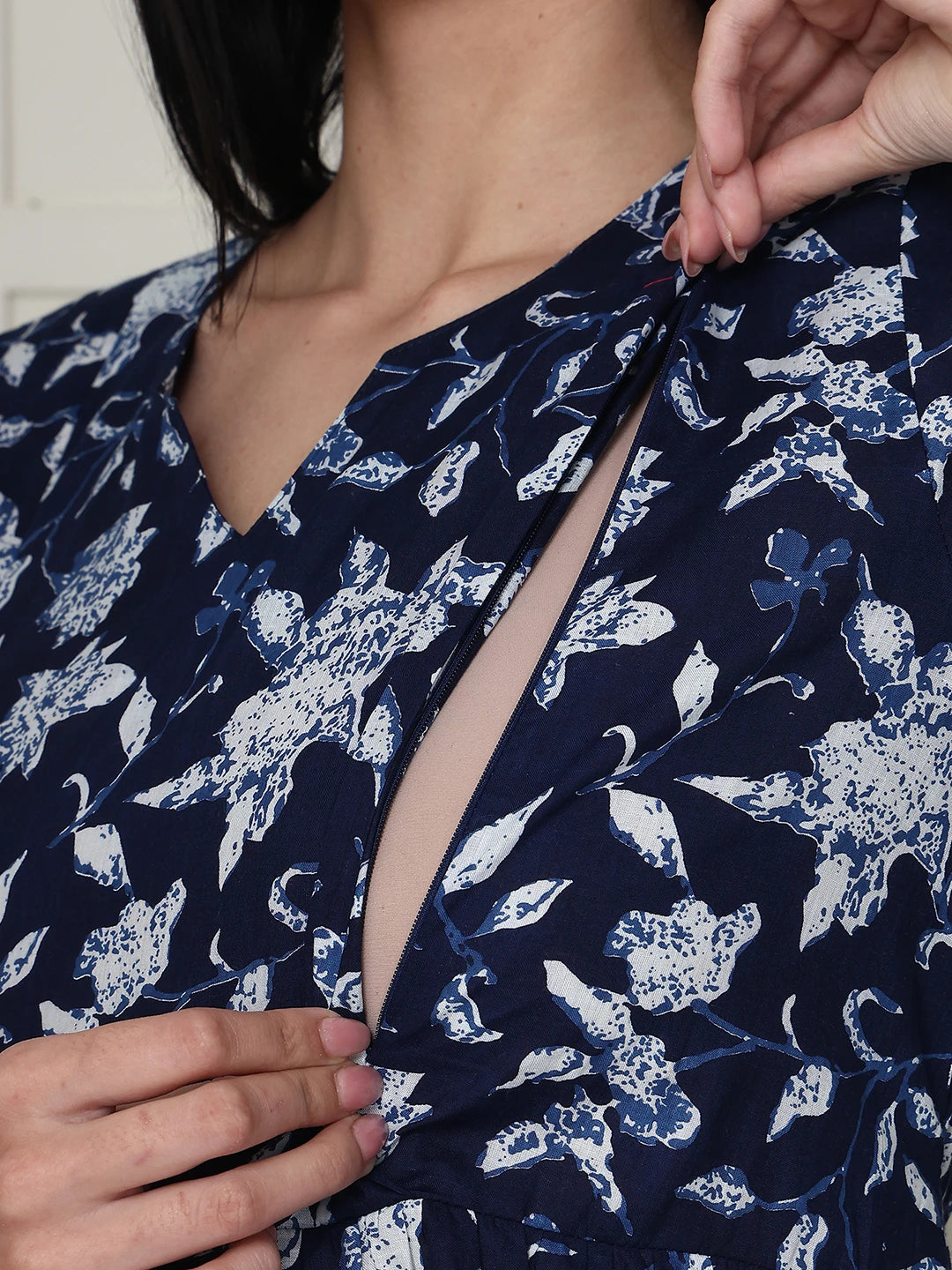 Frempy Women Navy Blue Floral Printed  Maternity Dress
