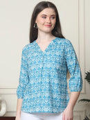 Frempy Women Aqua Blue Floral Printed Pure Cotton Top