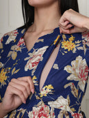 Frempy Women Navy Blue Floral Printed  Maternity Dress