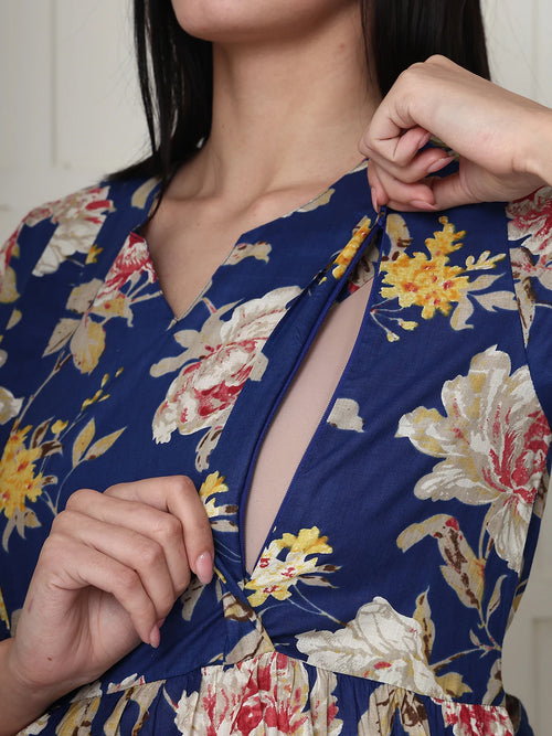 Frempy Women Navy Blue Floral Printed  Maternity Dress