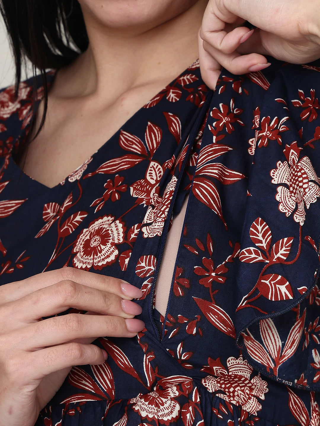 Frempy Women Fit and Flare Navy & Brown Floral Printed Midi Dress