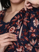 Frempy Women Fit and Flare Navy & Brown Floral Printed Midi Dress