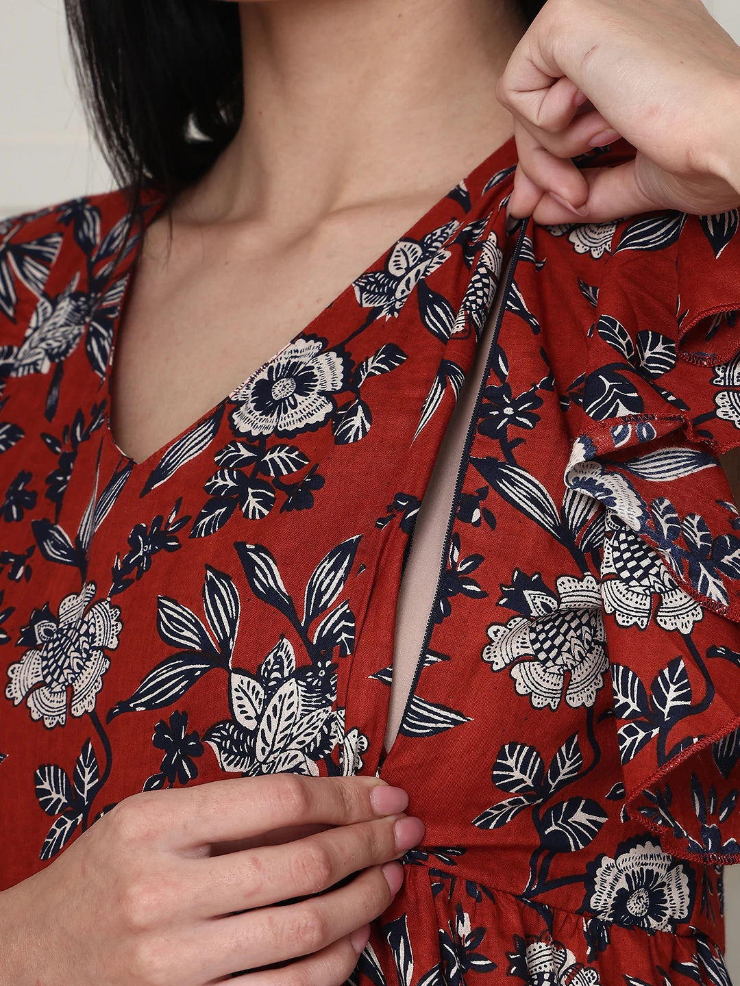 Frempy Women Fit and Flare Brown Floral Printed Midi Dress