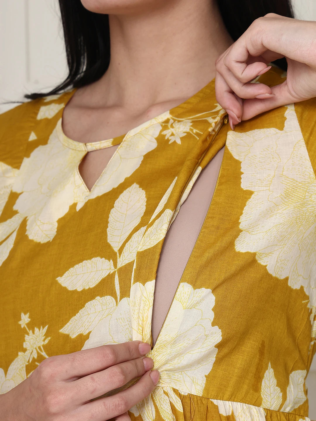 Frempy Women Yellow Floral Printed  Maternity Dress