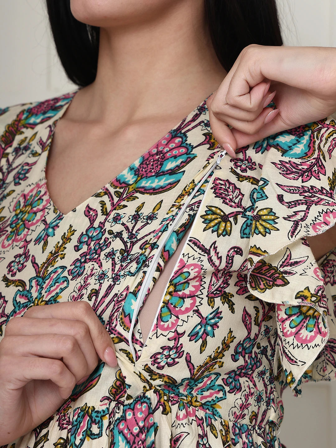 Frempy Women Off White Floral Printed Maternity Midi Dress
