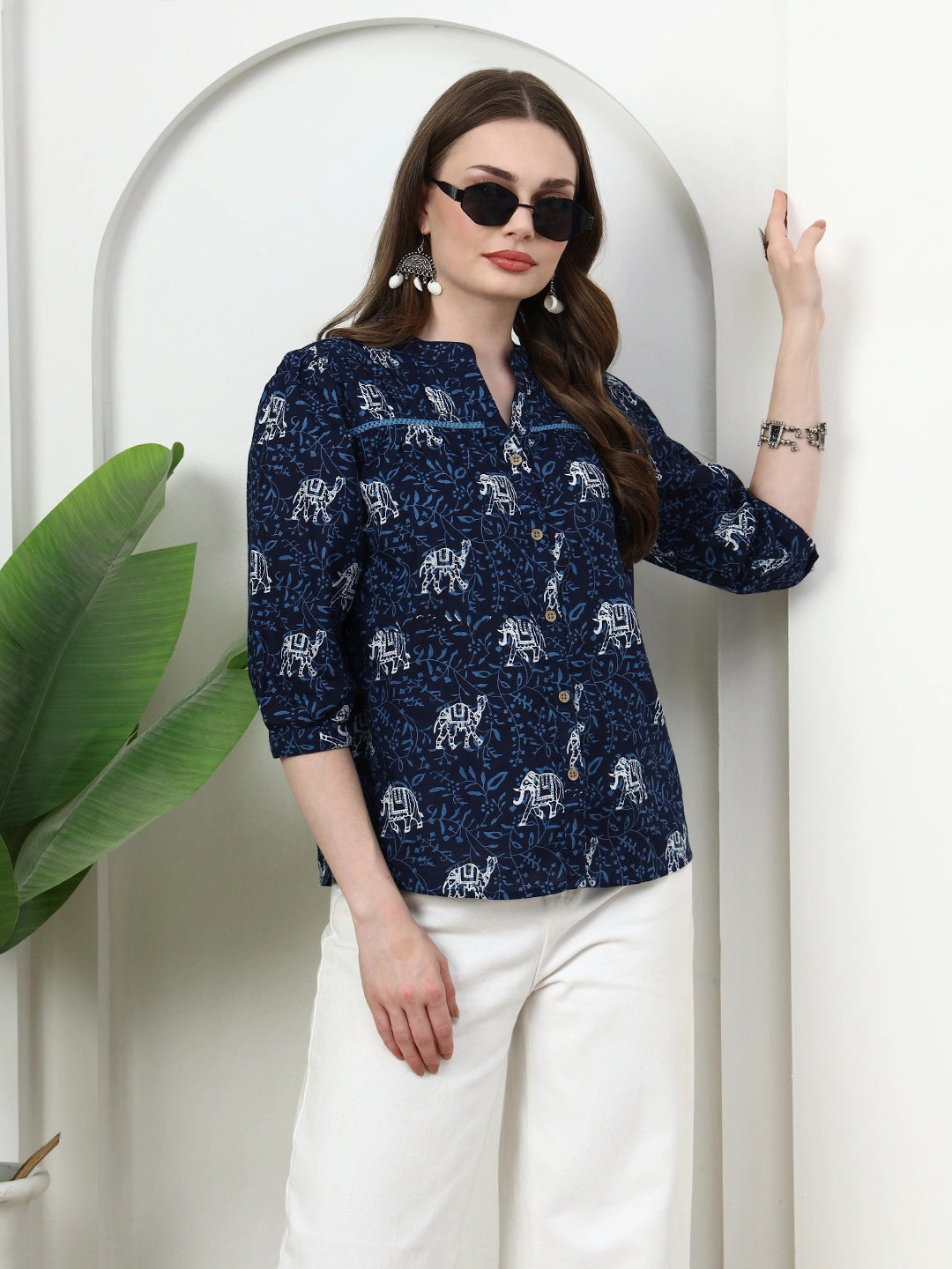 Frempy Women Navy Blue Animal Printed Pure Cotton Top