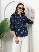 Frempy Women Navy Blue Animal Printed Pure Cotton Top