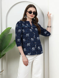 Frempy Women Navy Blue Animal Printed Pure Cotton Top