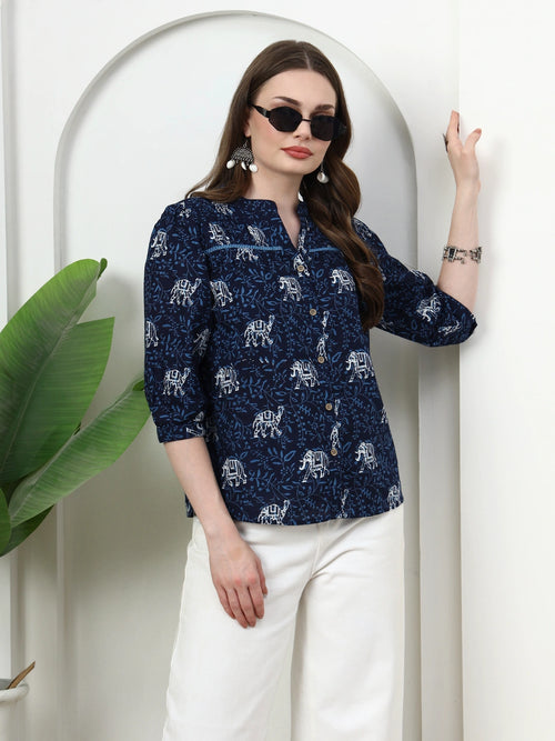 Frempy Women Navy Blue Animal Printed Pure Cotton Top