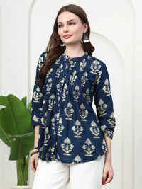 Frempy Women Deep Blue Motifs Printed Pure Cotton Top