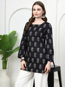 Black Buti Floral Printed  Lace-Up Back Pure Cotton Short Kurti