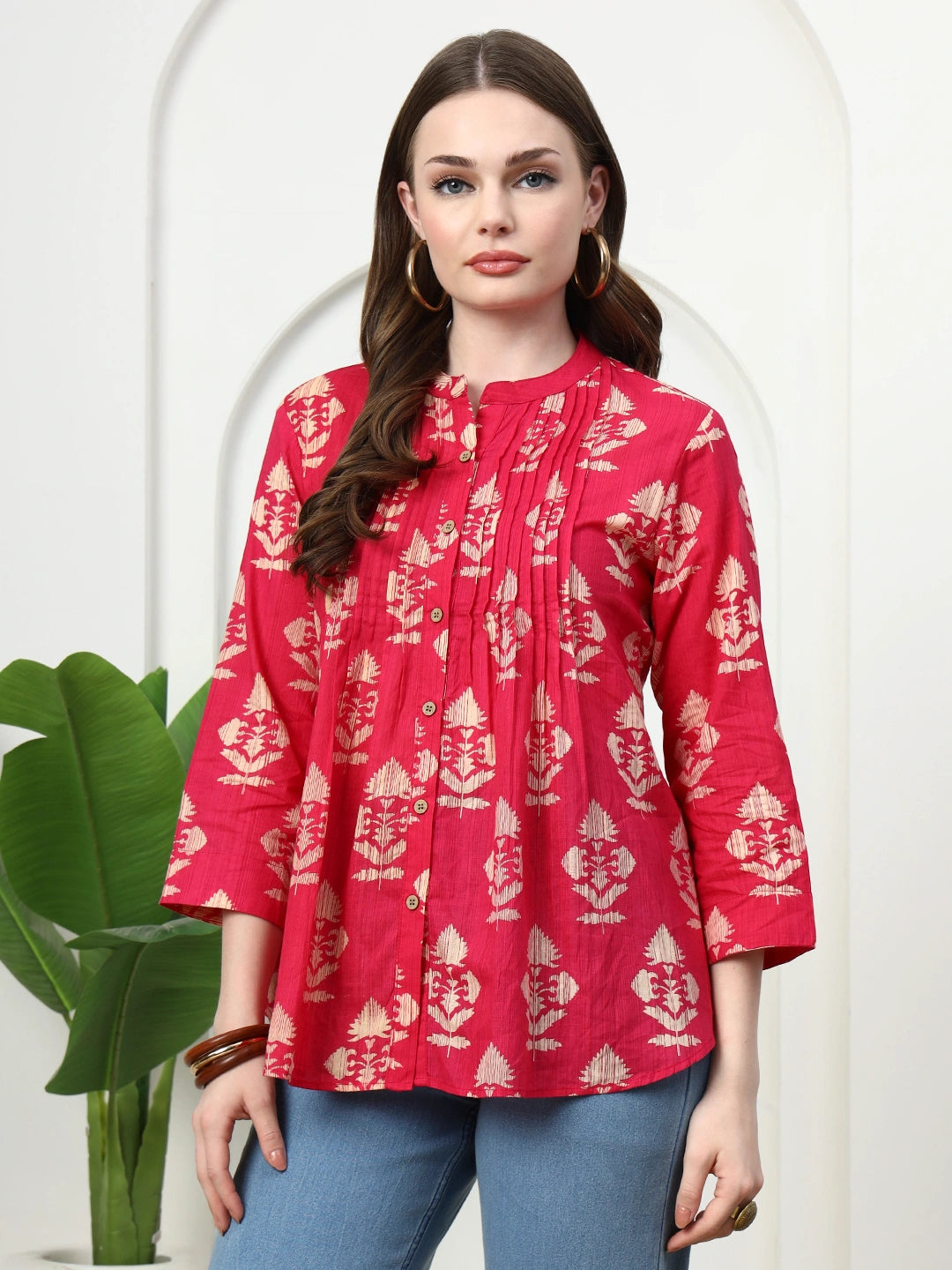 Frempy Women Rose Red Motifs Printed Pure Cotton Top