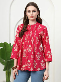 Frempy Women Rose Red Motifs Printed Pure Cotton Top