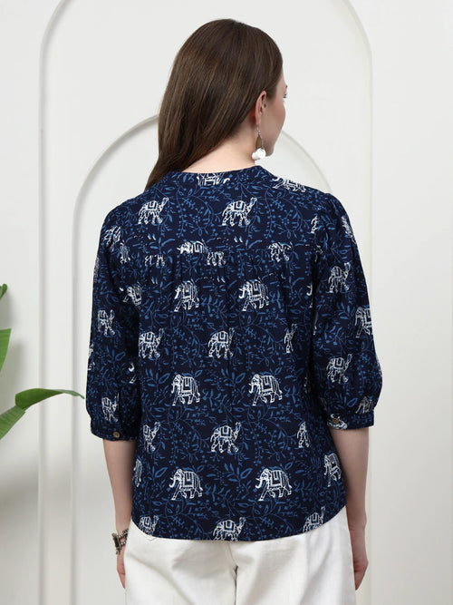 Frempy Women Navy Blue Animal Printed Pure Cotton Top