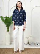 Frempy Women Navy Blue Animal Printed Pure Cotton Top