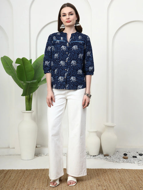 Frempy Women Navy Blue Animal Printed Pure Cotton Top