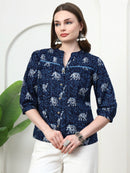 Frempy Women Navy Blue Animal Printed Pure Cotton Top