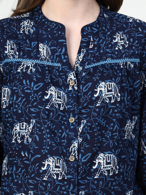 Frempy Women Navy Blue Animal Printed Pure Cotton Top