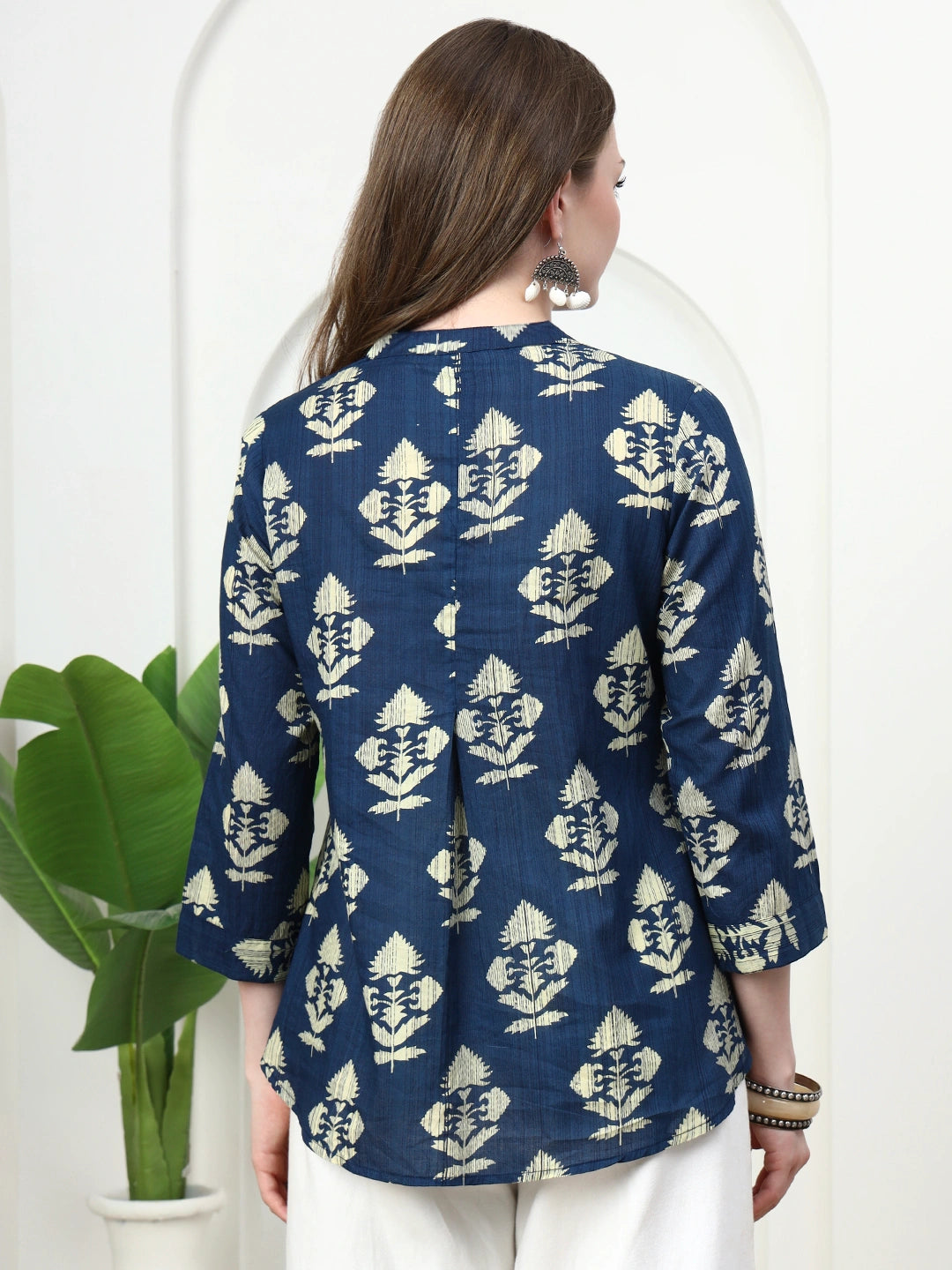 Frempy Women Deep Blue Motifs Printed Pure Cotton Top