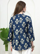 Frempy Women Deep Blue Motifs Printed Pure Cotton Top