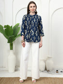 Frempy Women Deep Blue Motifs Printed Pure Cotton Top