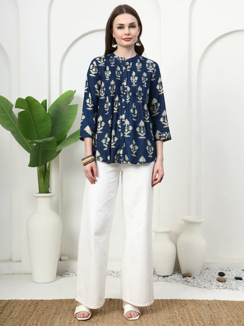 Frempy Women Deep Blue Motifs Printed Pure Cotton Top