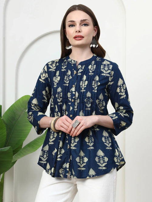 Frempy Women Deep Blue Motifs Printed Pure Cotton Top