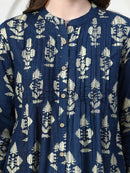 Frempy Women Deep Blue Motifs Printed Pure Cotton Top