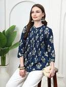 Frempy Women Deep Blue Motifs Printed Pure Cotton Top