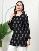 Black Buti Floral Printed  Lace-Up Back Pure Cotton Short Kurti