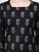 Black Buti Floral Printed  Lace-Up Back Pure Cotton Short Kurti