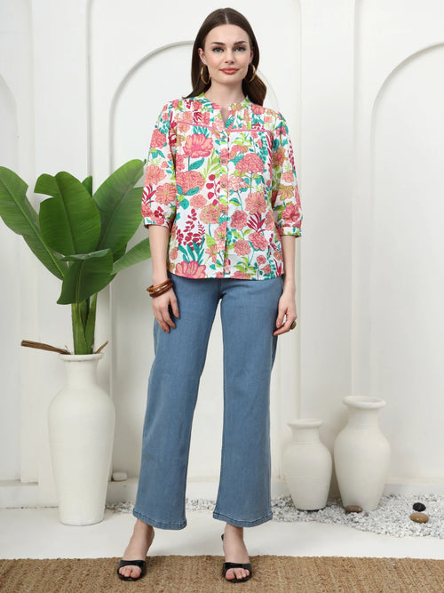 Frempy Women Multicoloured Floral Pure Cotton Top