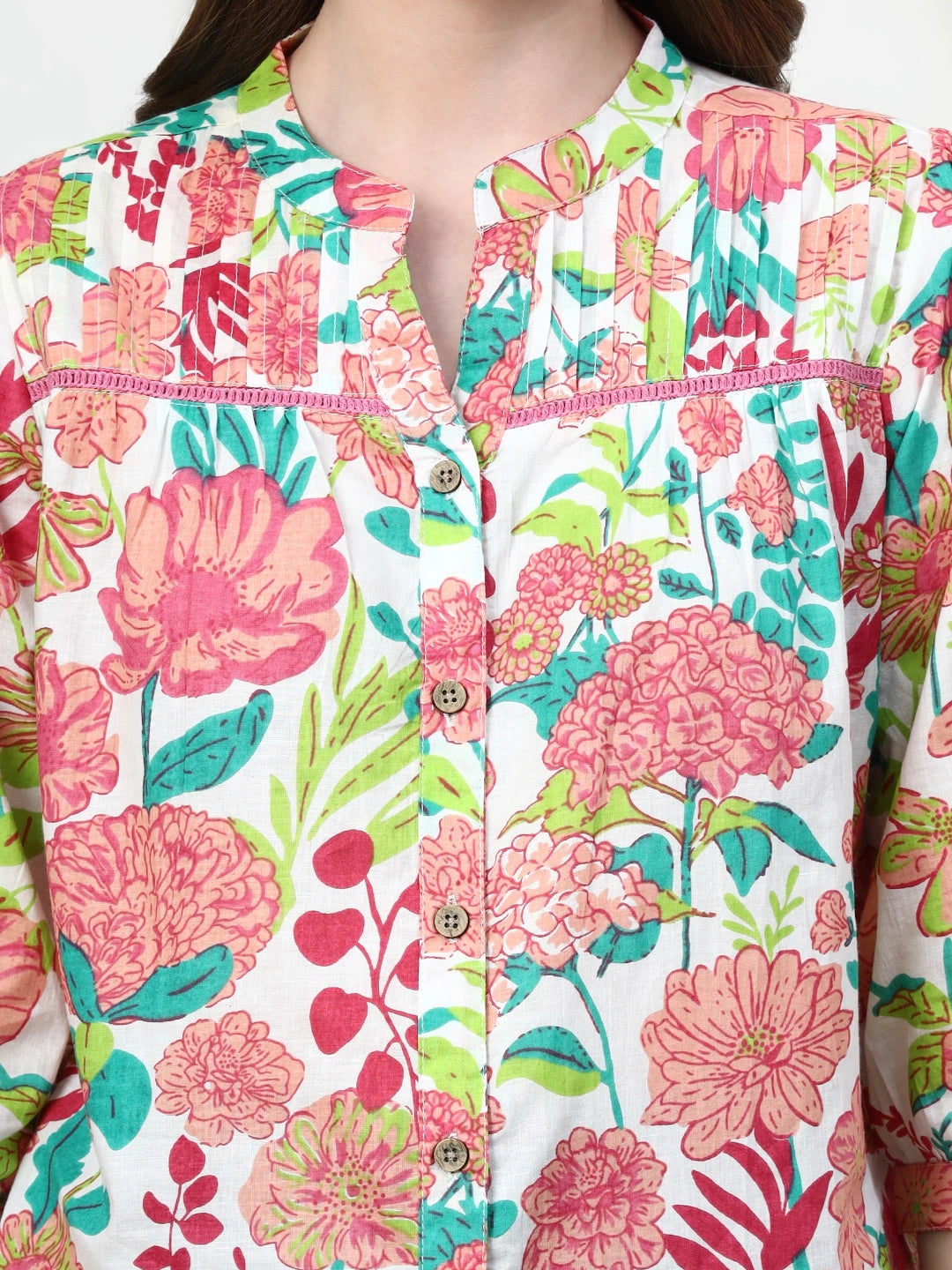 Frempy Women Multicoloured Floral Pure Cotton Top