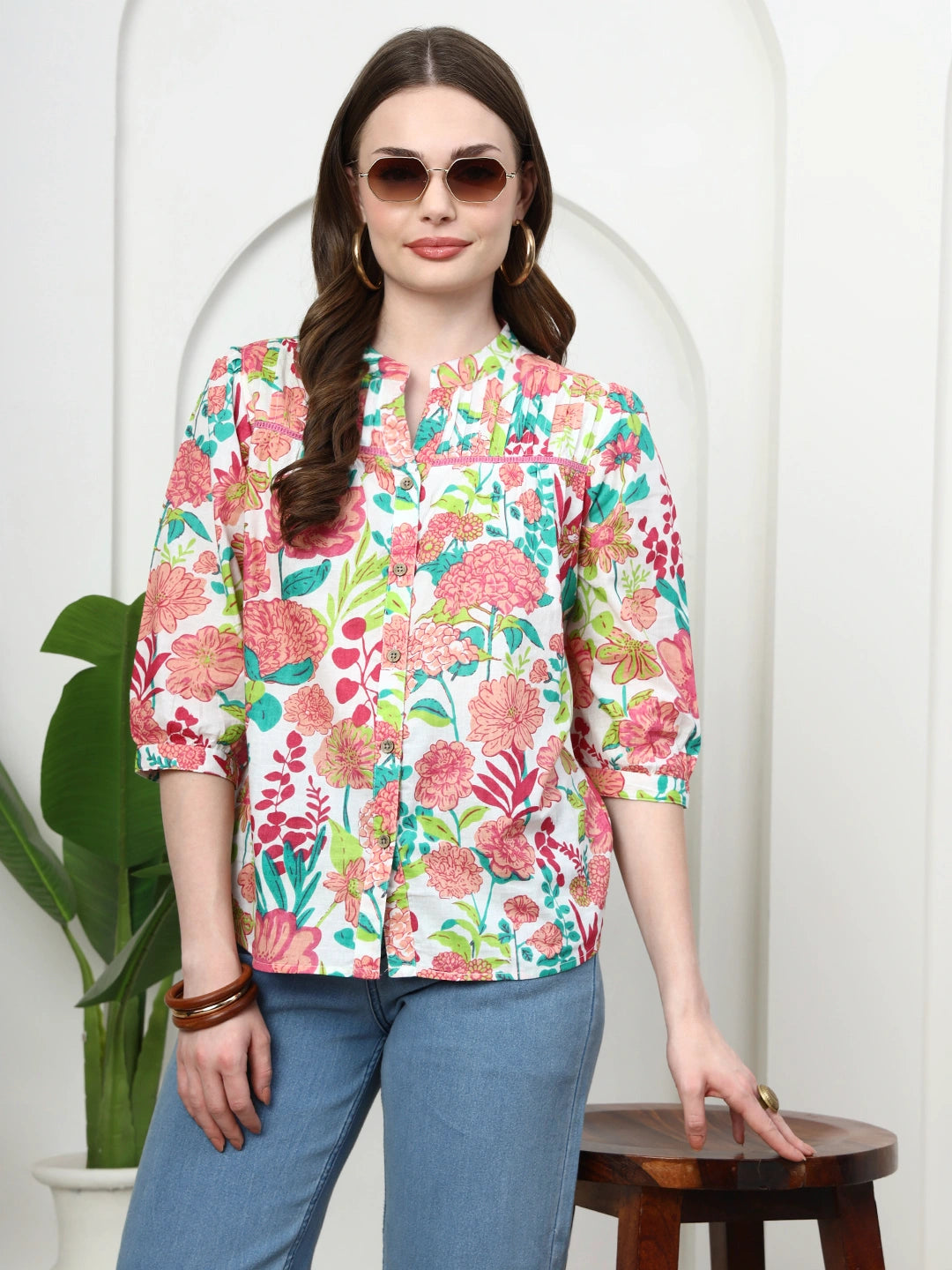 Frempy Women Multicoloured Floral Pure Cotton Top