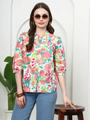Frempy Women Multicoloured Floral Pure Cotton Top