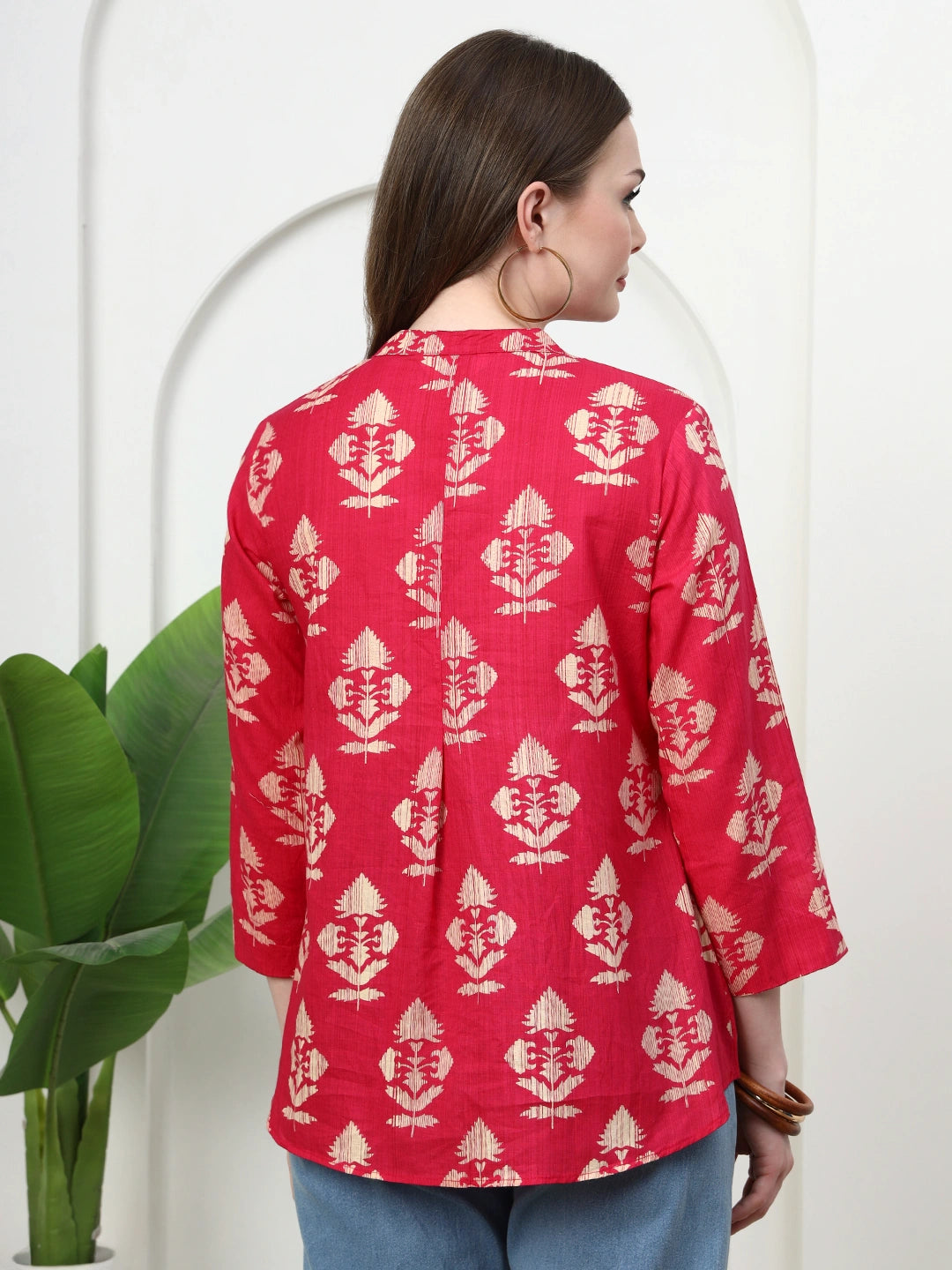 Frempy Women Rose Red Motifs Printed Pure Cotton Top