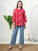 Frempy Women Rose Red Motifs Printed Pure Cotton Top