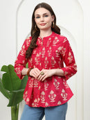 Frempy Women Rose Red Motifs Printed Pure Cotton Top